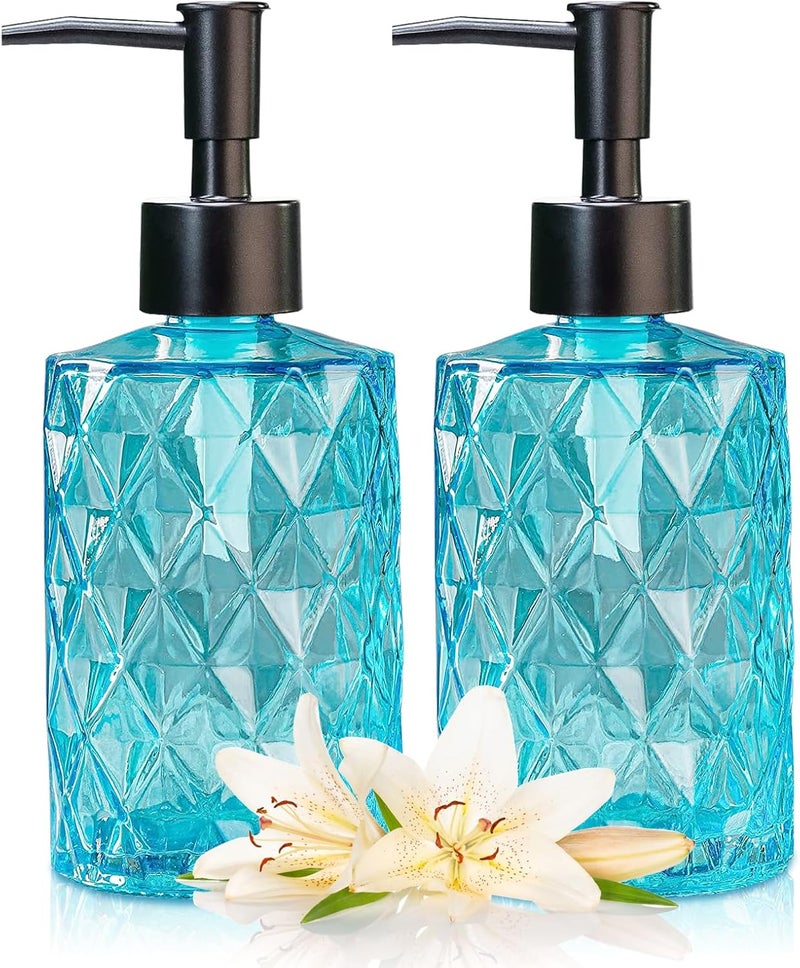 Ulable Clear Ocean Blue Glass Soap Dispenser with Plastic Pump, 2 Pack 12oz Diamond Design Bathroom Soap Dispenser for Hand Wash, Lotion Dispenser & Dish Soap Dispenser for Kitchen and Bathroom - Image 1